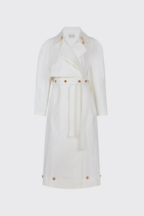 White buttoned ruched waist trench coat